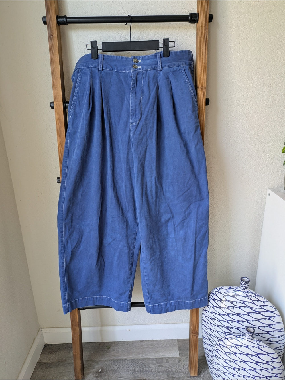 Madewell Women's Blue High Waist Wide-Leg Pleated Cropped Pants